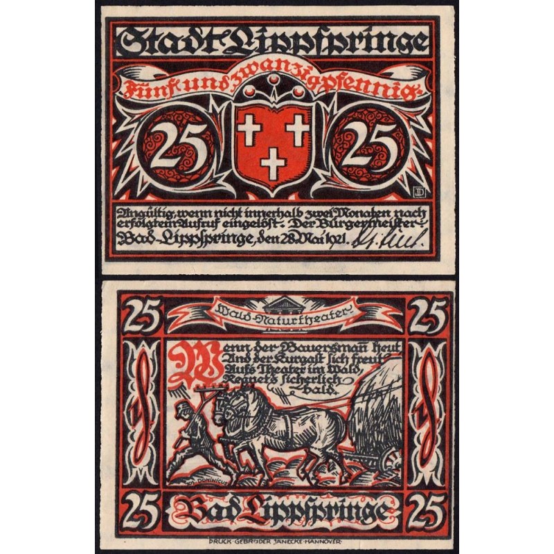 Allemagne - Notgeld - Lippspringe (Bad Lippspringe) - 25 pfennig - 28/05/1921 - Etat : SPL+