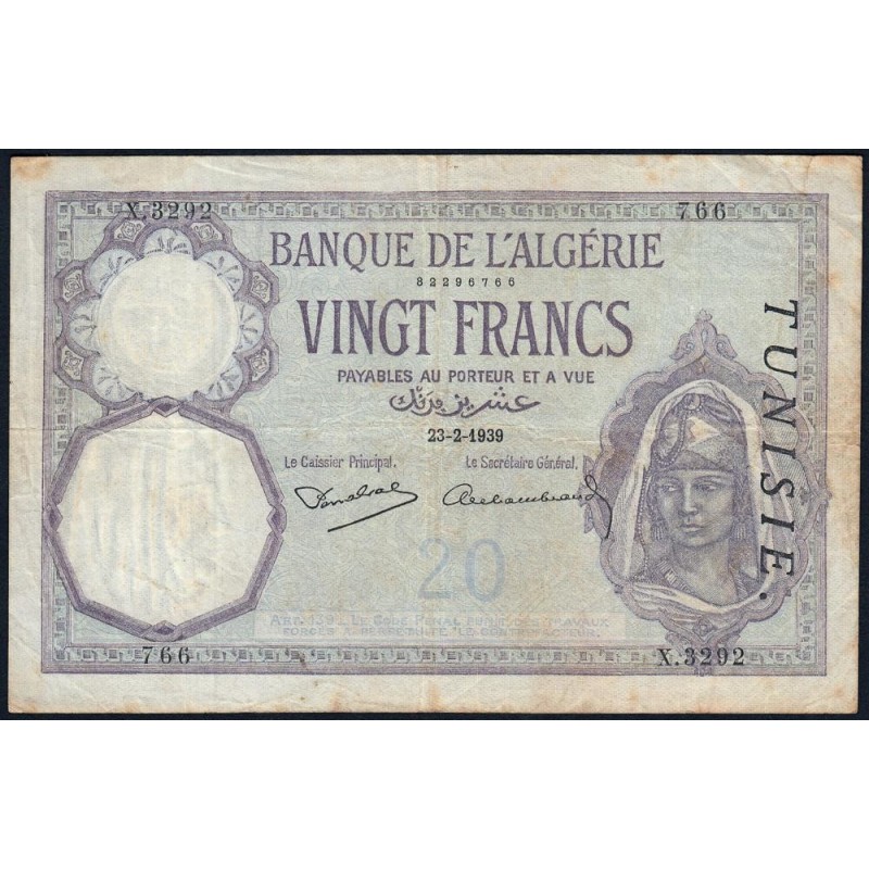 Tunisie - Pick 6b_2 - 20 francs - Série X.3292 - 23/02/1939 - Etat : TB+