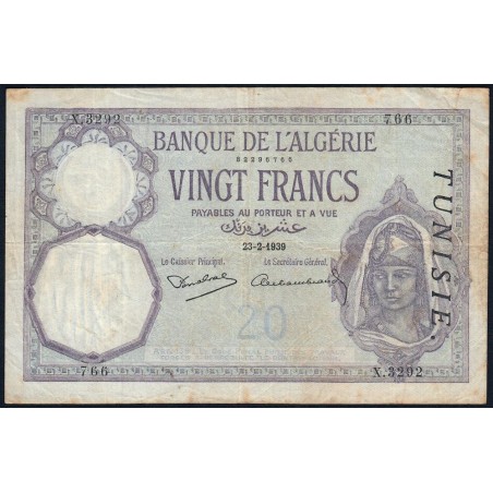 Tunisie - Pick 6b_2 - 20 francs - Série X.3292 - 23/02/1939 - Etat : TB+