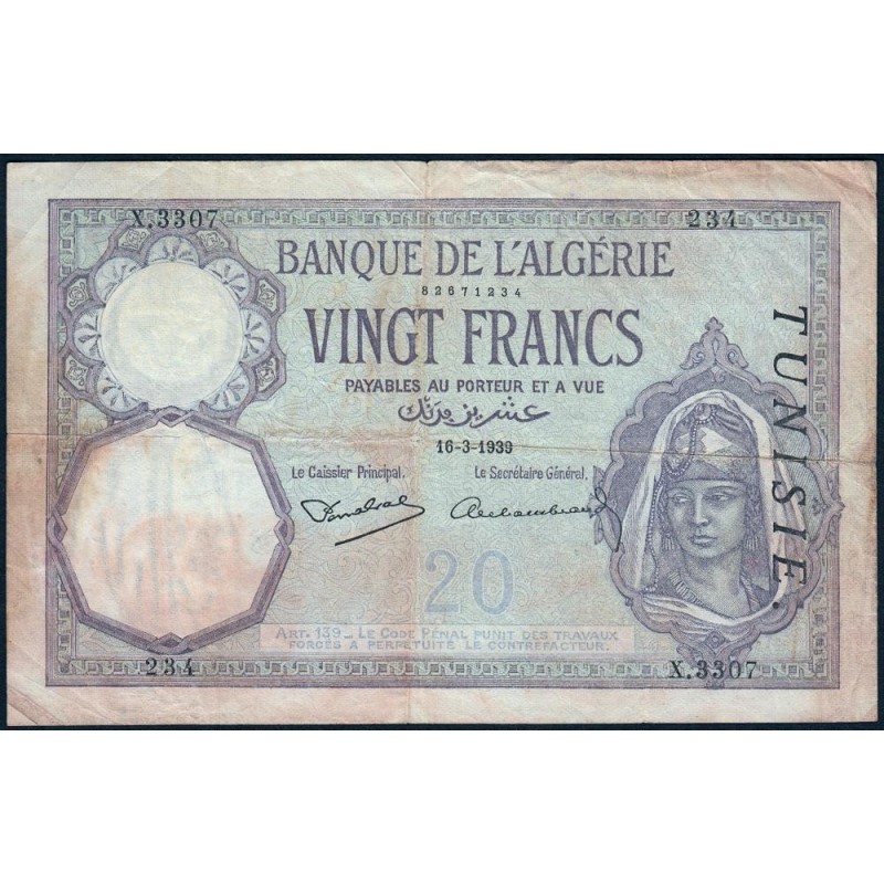 Tunisie - Pick 6b_2 - 20 francs - Série X.3307 - 16/03/1939 - Etat : TB