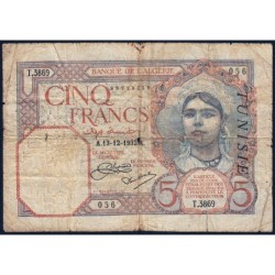 Tunisie - Pick 8a - 5 francs - Série T.3869 - 12/01/1933 - Etat : B+