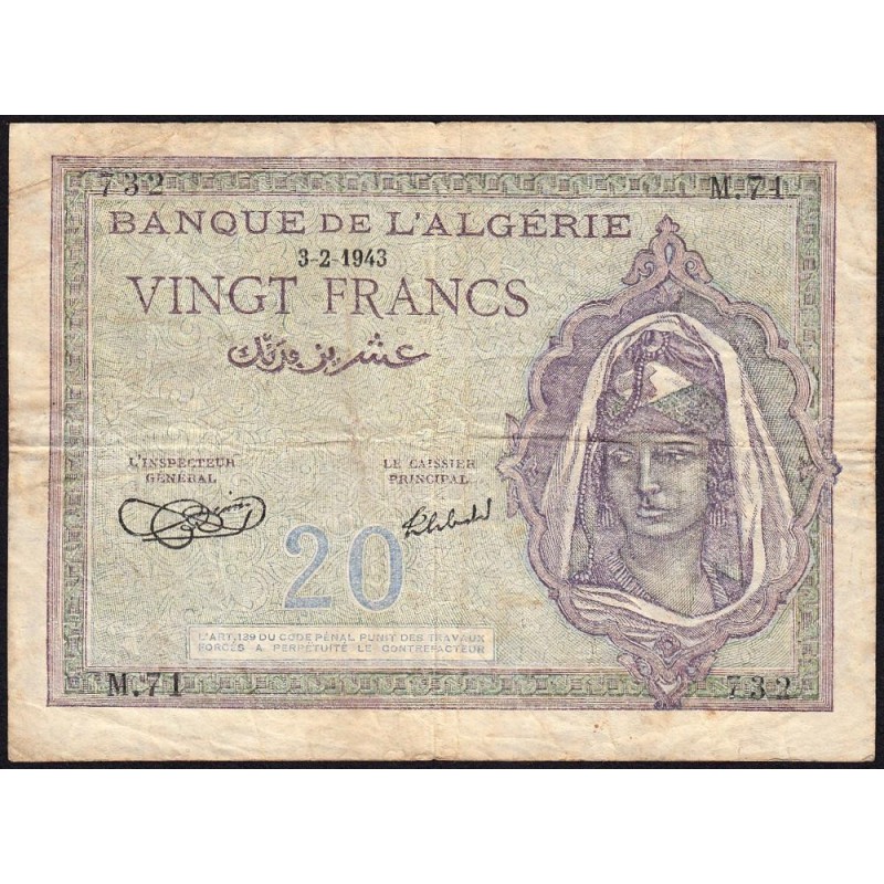 Algérie - Pick 92a_1 - 20 francs - Série M.71 - 03/02/1943 - Etat : TB