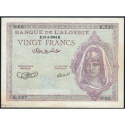 Algérie - Pick 92a_2 - 20 francs - Série K.737 - 15/04/1944 - Etat : TTB+ à SUP