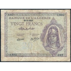 Algérie - Pick 92b - 20 francs - Série J.985 - 29/11/1944 - Etat : B+ à TB-