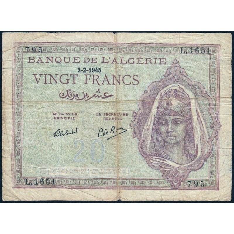 Algérie - Pick 92b - 20 francs - Série L.1651 - 02/02/1945 - Etat : B+ à TB-