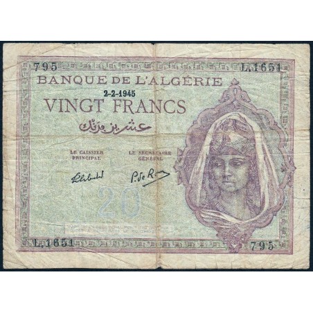 Algérie - Pick 92b - 20 francs - Série L.1651 - 02/02/1945 - Etat : B+ à TB-