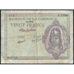 Algérie - Pick 92b - 20 francs - Série G.1728 - 03/04/1945 - Etat : B+