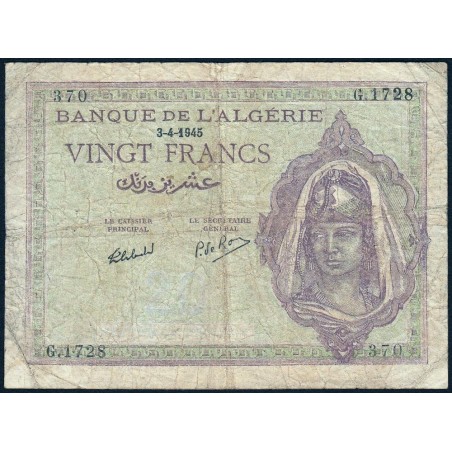 Algérie - Pick 92b - 20 francs - Série G.1728 - 03/04/1945 - Etat : B+