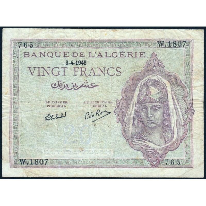 Algérie - Pick 92b - 20 francs - Série W.1807 (remplacement) - 03/04/1945 - Etat : TB-