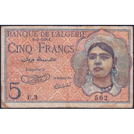 Algérie - Pick 94a - 5 francs - Série U.3 - 08/02/1944 - Etat : TB-