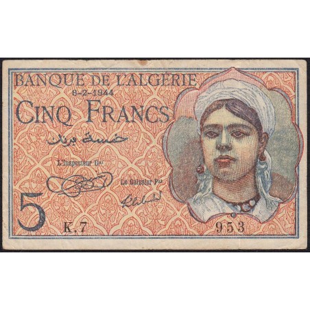 Algérie - Pick 94a - 5 francs - Série K.7 - 08/02/1944 - Etat : TB+