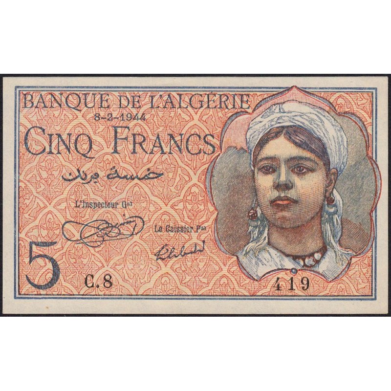 Algérie - Pick 94a - 5 francs - Série C.8 - 08/02/1944 - Etat : NEUF