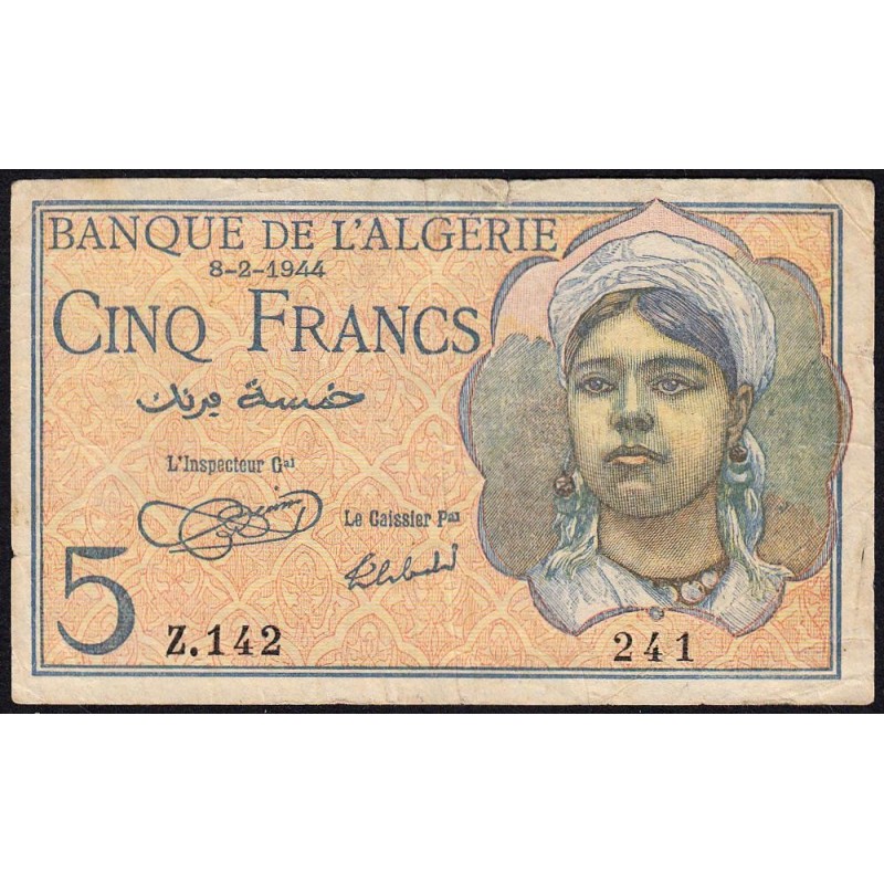 Algérie - Pick 94a - 5 francs - Série Z.142 - 08/02/1944 - Etat : TB