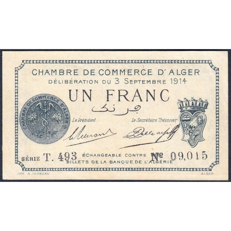 Algérie - Alger 137-4 - 1 franc - Série T.493 - 03/09/1914 - Etat : SPL