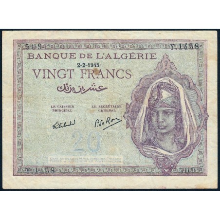 Algérie - Pick 92b - 20 francs - Série Y.1458 - 02/02/1945 - Etat : TTB