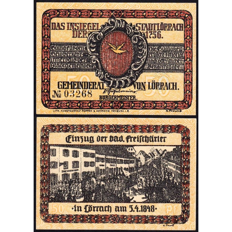 Allemagne - Notgeld - Lörrach - 50 pfennig - Type 5 - 1922 - Etat : NEUF