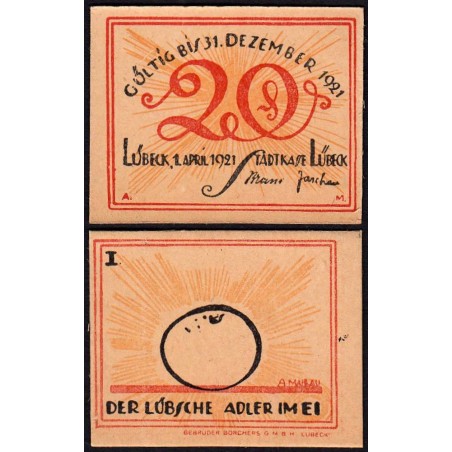 Allemagne - Notgeld - Lübeck - 20 pfennig - Type 1 - Série I - 01/04/1921 - Etat : NEUF