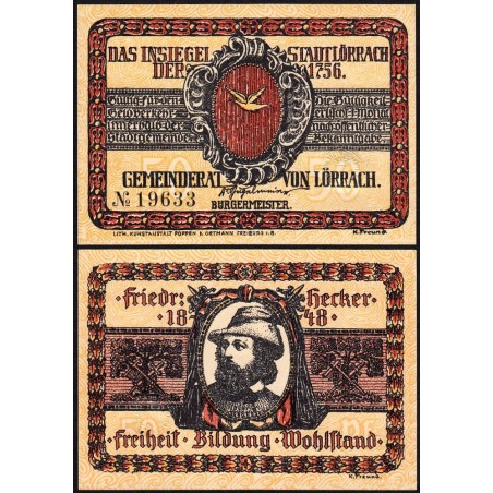 Allemagne - Notgeld - Lörrach - 50 pfennig - Type 2 - 1922 - Etat : NEUF