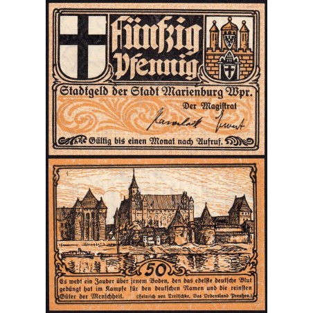 Pologne - Notgeld - Marienburg (Malbork) - 50 pfennig - Type 3 - 1922 - Etat : NEUF