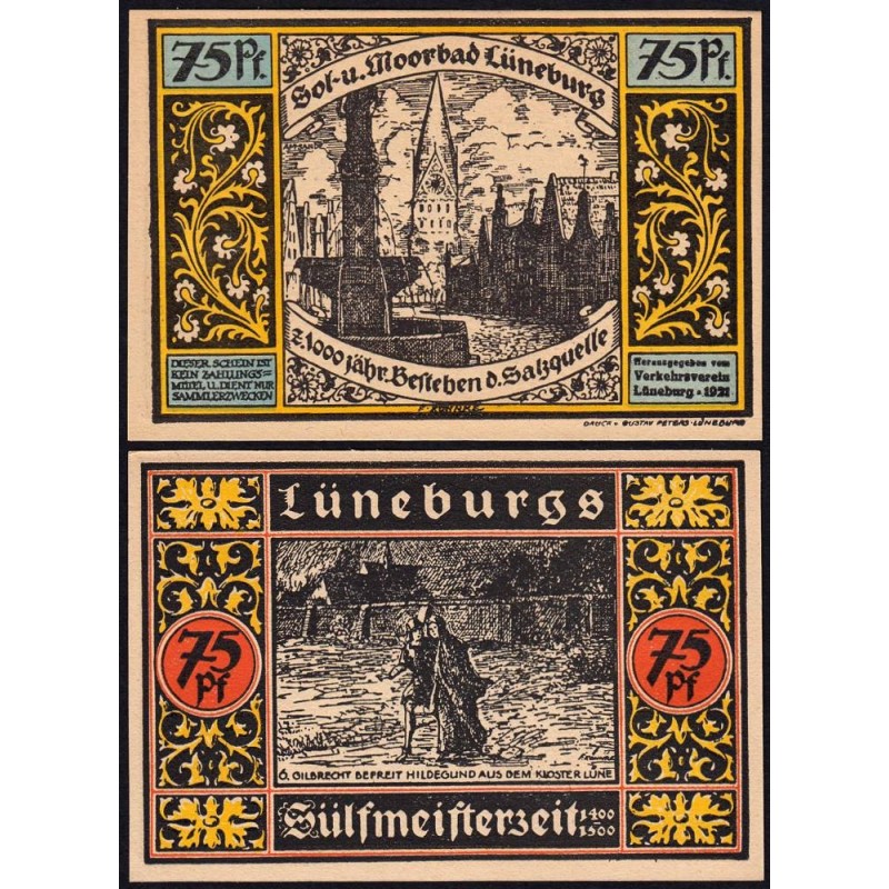 Allemagne - Notgeld - Lüneburg - 75 pfennig - Type 6 - Fond bleu - 1921 - Etat : NEUF