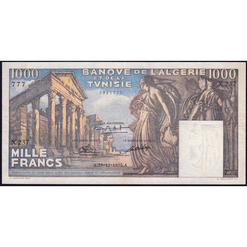 Tunisie - Pick 29a - 1'000 francs - Série X.237 - 29/12/1950 - Etat : TTB à TTB+