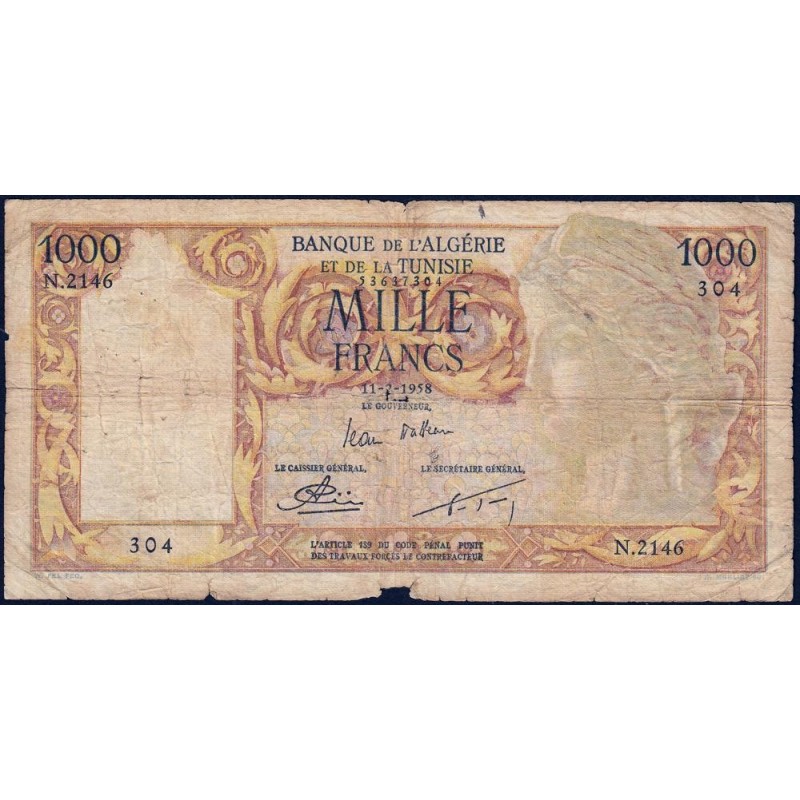 Algérie - Pick 107b_2 - 1'000 francs - Série N.2146 - 11/02/1958 - Etat : B-