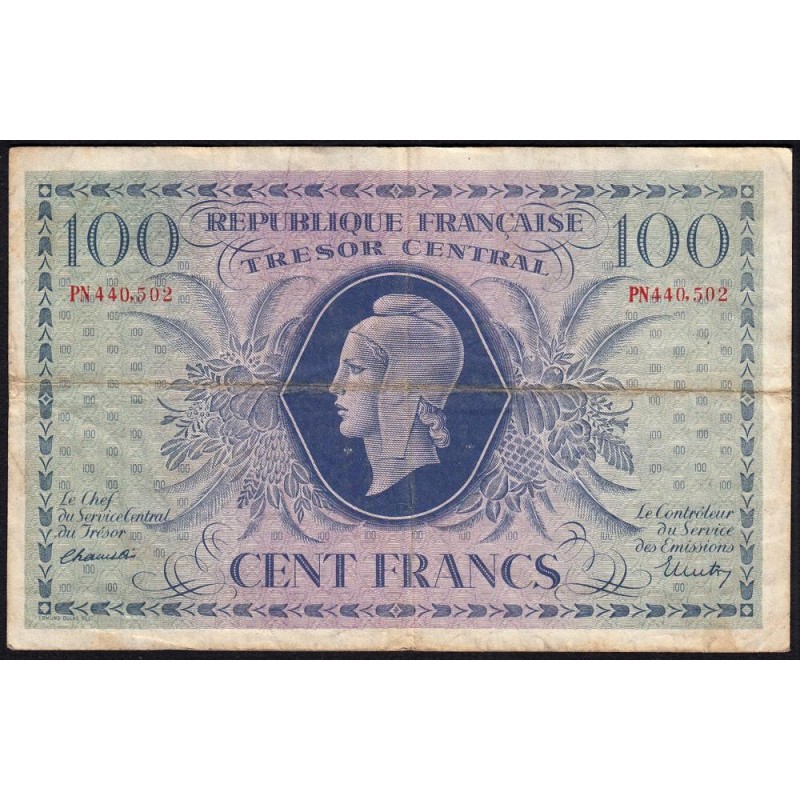 VF 06-01f - 100 francs - Trésor central - 1943 - Série PN - Etat : TB+