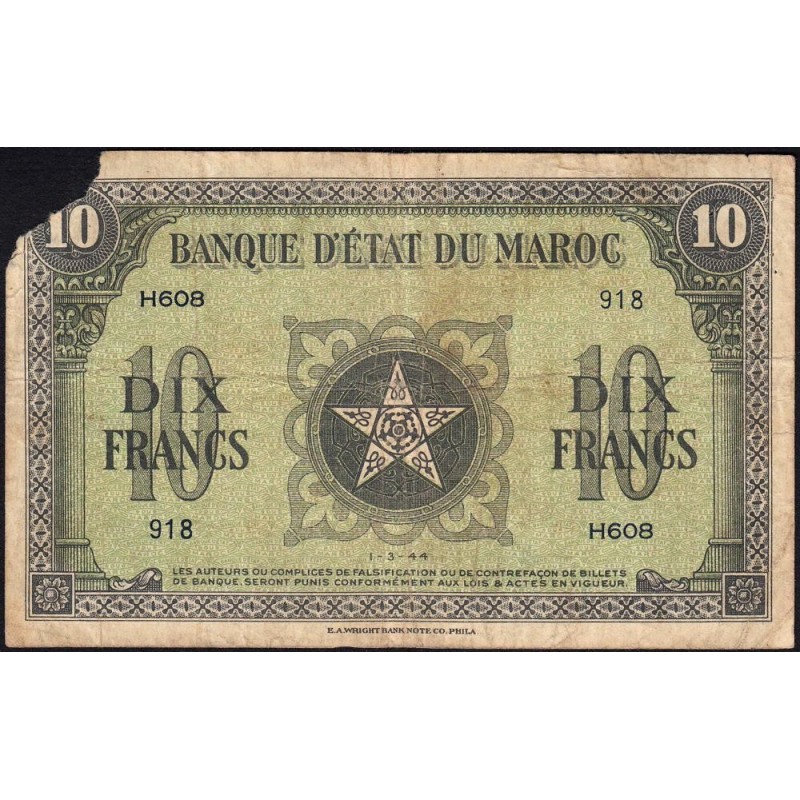 Maroc - Pick 25_3 - 10 francs - Série H608 - 01/03/1944 - Etat : AB