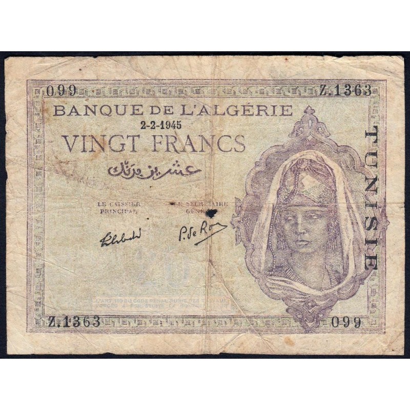 Tunisie - Pick 18 - 20 francs - Série Z.1363 - 03/04/1945 - Etat : B