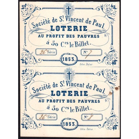 1853 - Toulouse - Loterie - Société de St. Vincent de Paul - 2 x 50 centimes - Etat : TTB+