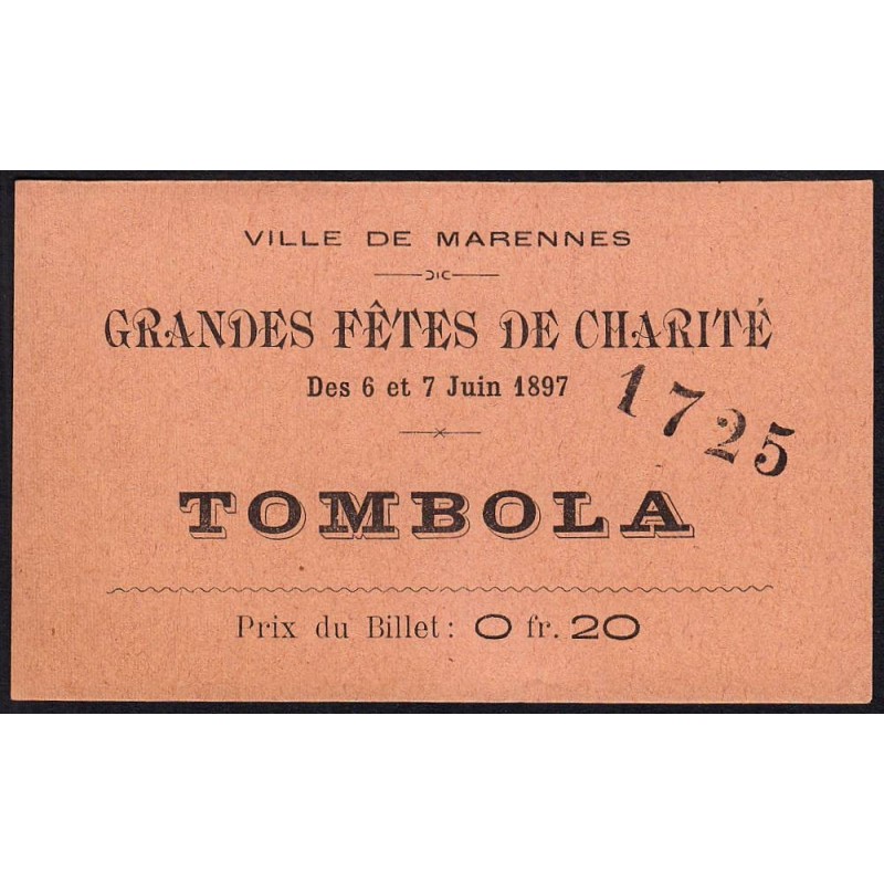 1897 - Marennes - Tombola - Fête de Charité - 0,20 franc - SPL