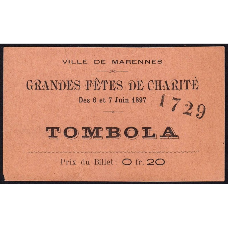 1897 - Marennes - Tombola - Fête de Charité - 0,20 franc - B