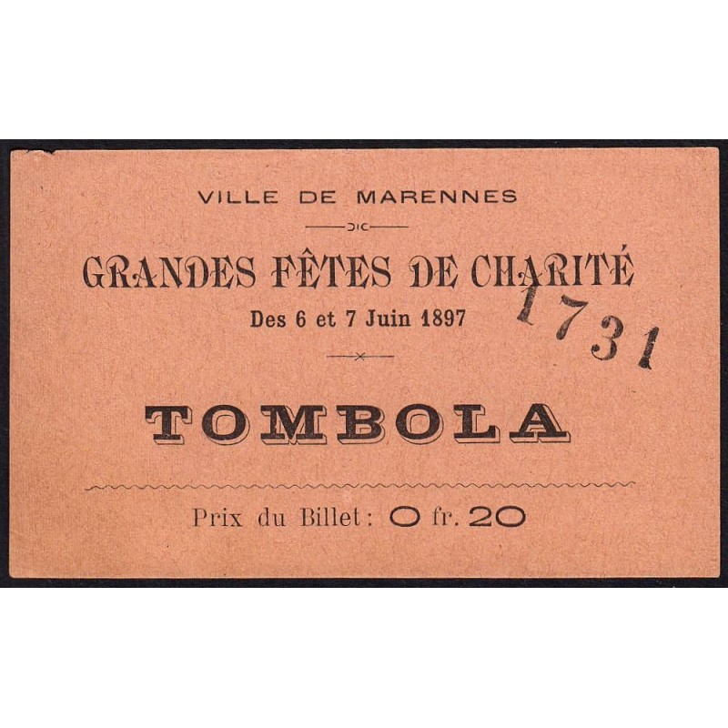 1897 - Marennes - Tombola - Fête de Charité - 0,20 franc - TTB+