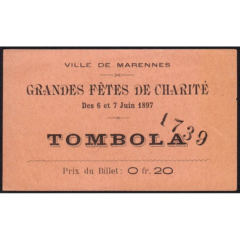 1897 - Marennes - Tombola - Fête de Charité - 0,20 franc - TTB