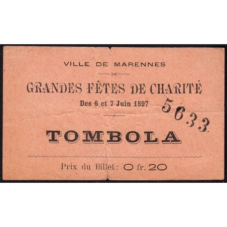 1897 - Marennes - Tombola - Fête de Charité - 0,20 franc - TB