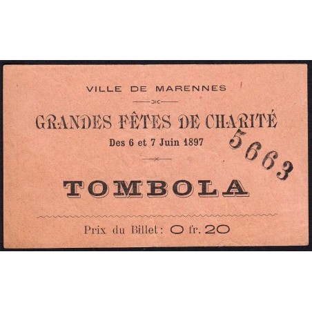 1897 - Marennes - Tombola - Fête de Charité - 0,20 franc - TTB