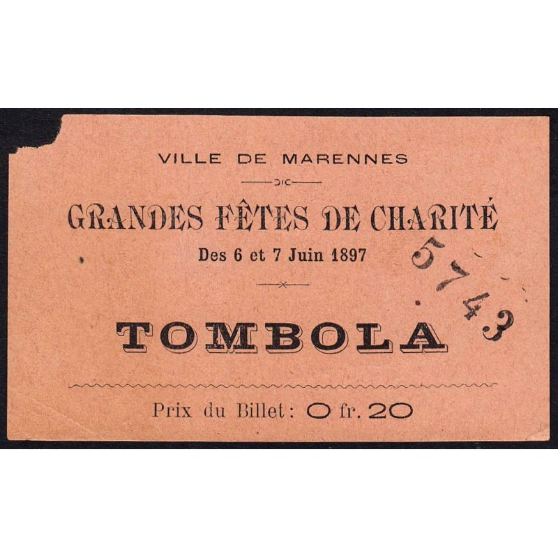 1897 - Marennes - Tombola - Fête de Charité - 0,20 franc - B-