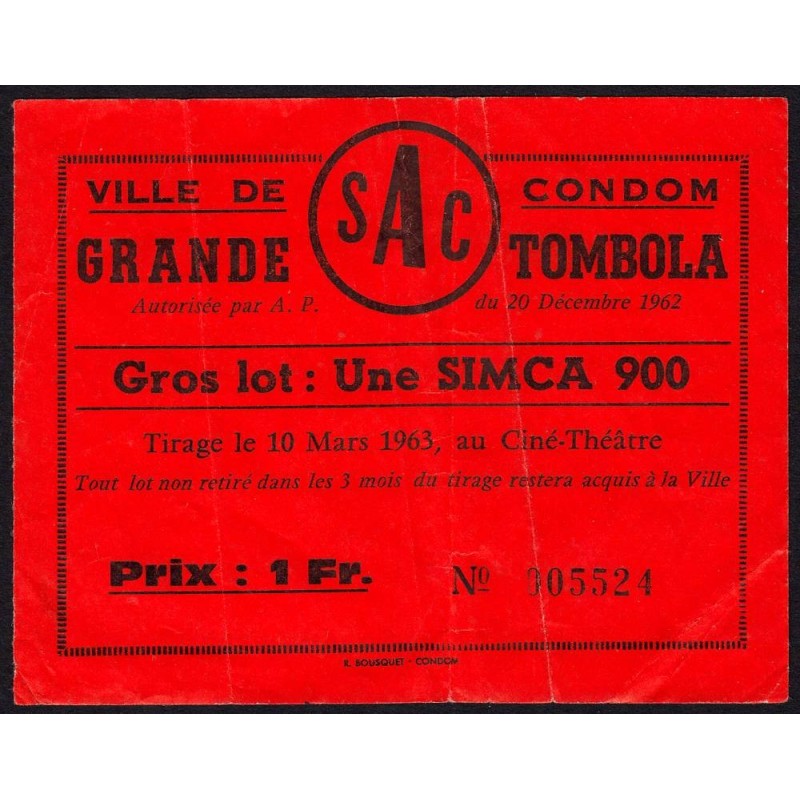 1962 - Ville de Condom - Grande Tombola - 1 franc - TB