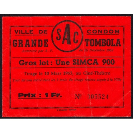 1962 - Ville de Condom - Grande Tombola - 1 franc - TB