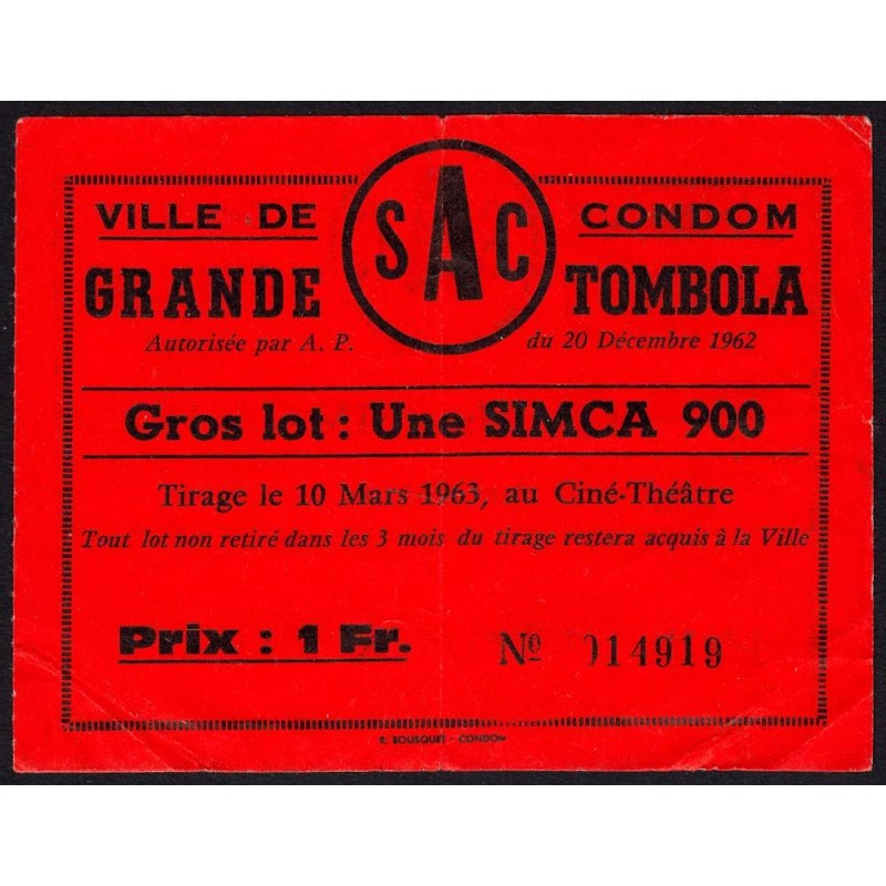 1962 - Ville de Condom - Grande Tombola - 1 franc - TB+