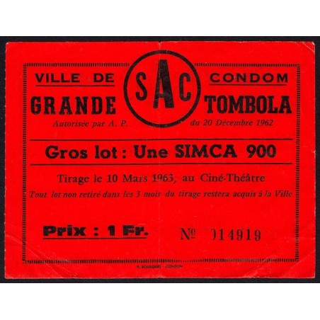 1962 - Ville de Condom - Grande Tombola - 1 franc - TB+