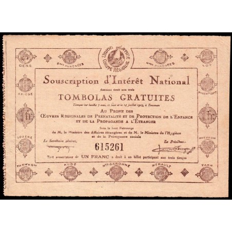 1923 - Toulouse - Union Latine - Souscription d'Intérêt National - Tombolas - 1 franc - SUP