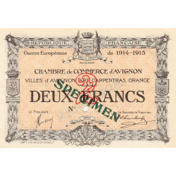 Avignon - Pirot 18-12 - 2 francs - 11/08/1915 - Spécimen - Etat : SUP+