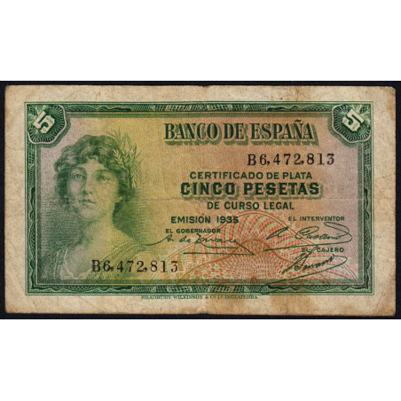 Espagne - Pick 85 - 5 pesetas - 1935 - Série B - Etat : TB-