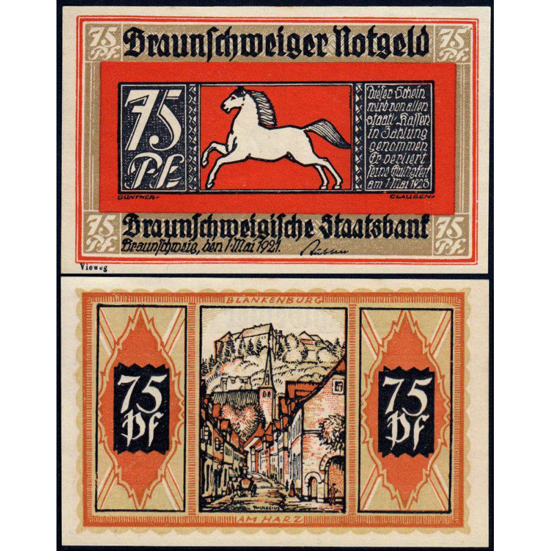 Allemagne - Notgeld - Braunschweig - 75 pfennig - Série 4 - Réf. i - 01/05/1921 - Etat : NEUF