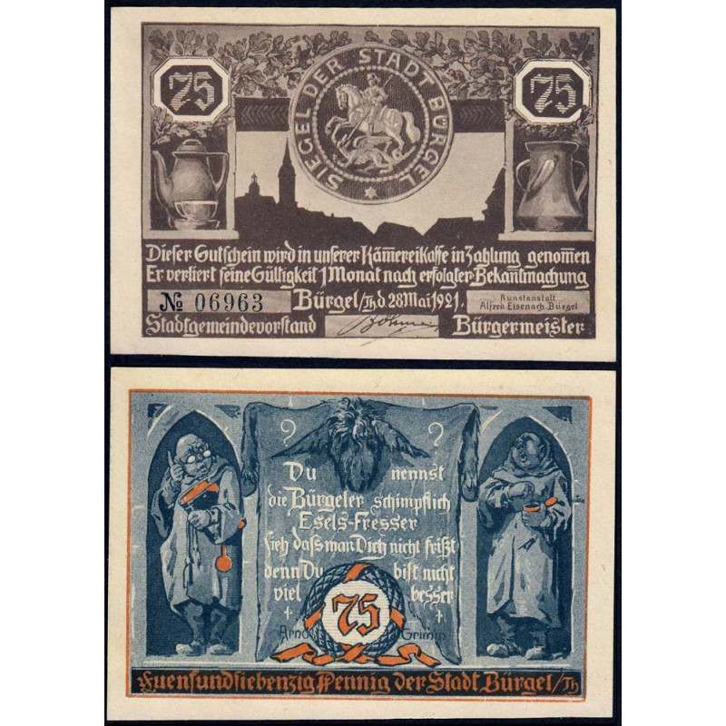 Allemagne - Notgeld - Bürgel - 75 pfennig - 28/05/1921 - Etat : SPL+