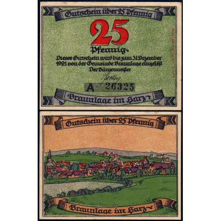 Allemagne - Notgeld - Braunlage - 25 pfennig - Série A - 31/12/1921 - Etat : SUP+