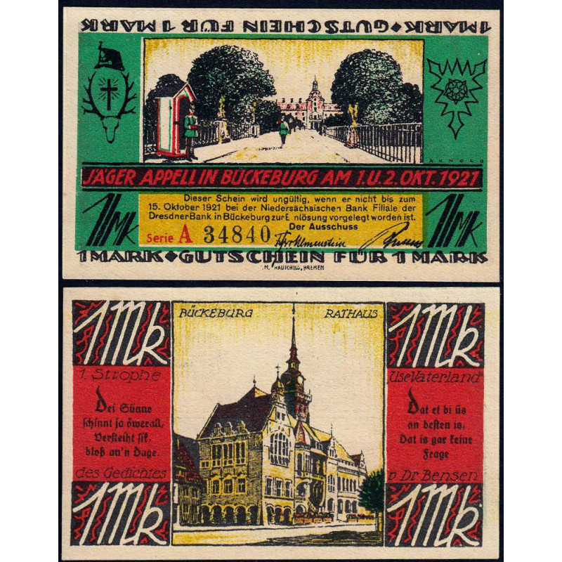 Allemagne - Notgeld - Bückeburg - 1 mark - Série A - 02/10/1921 - Etat : NEUF