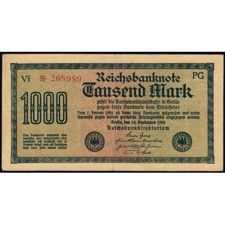 Allemagne - Pick 76b_2 - 1'000 mark - 15/09/1922 - Imp. PG - Série Vf - Etat : TTB