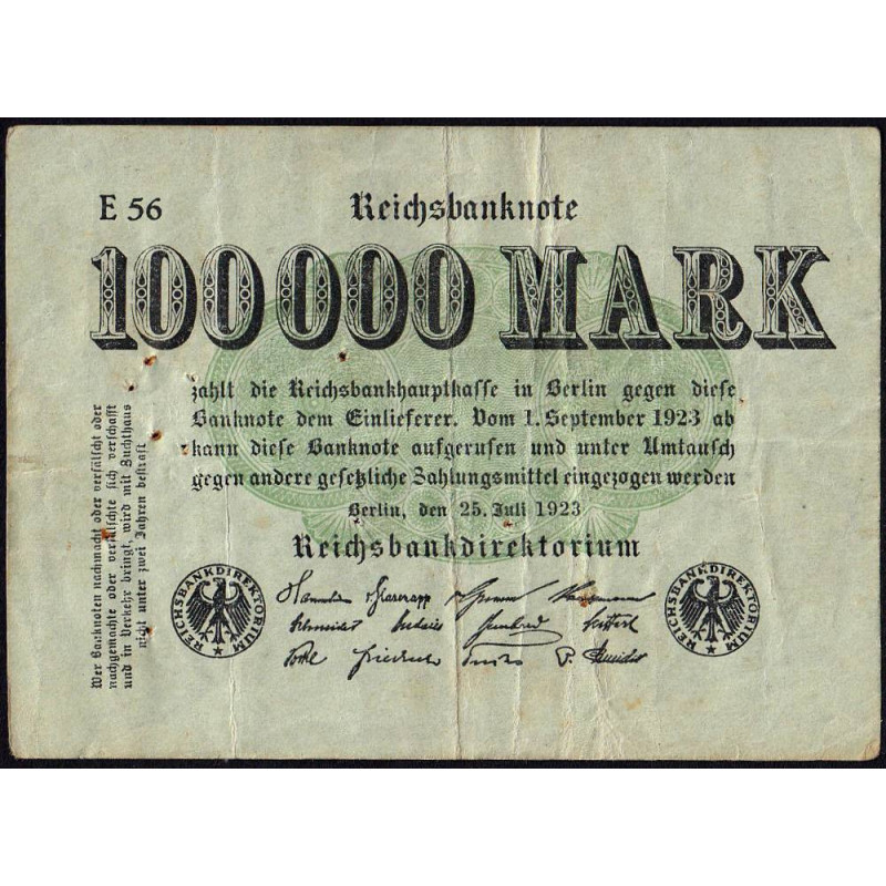 Allemagne - Pick 91a_1 - 100'000 mark - 25/07/1923 - Série E 56 - Etat : TB